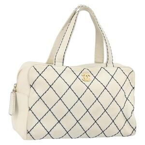 Chanel Wild Stitch Handbag Leather White Gold CC